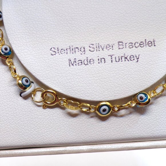 Sterling Silver Turkish Evil Eye Bracelet, Gold Finish, Protection Jewelry - Picture 5 of 6